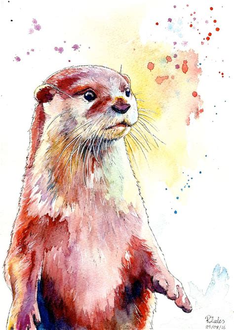 Watercolour And Pen Colourful Standing Otter Animal Paintings Otter