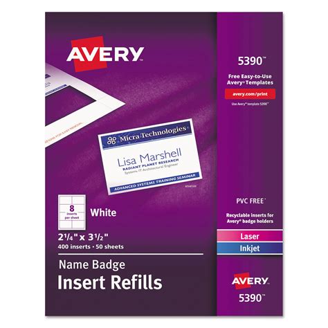Avery Name Badge Insert Refills Horizontalvertical 2 14 X 3 12
