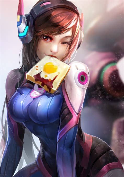 d va overwatch red eyes brunette big boobs video game characters one eye closed long