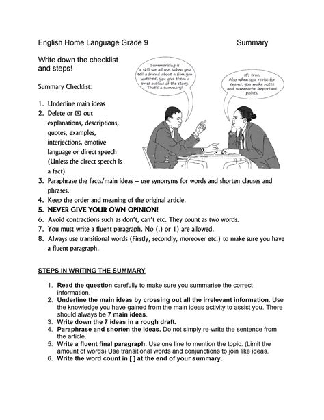 Grade 9 English Hl Summary Worksheet English Home Language Grade 9