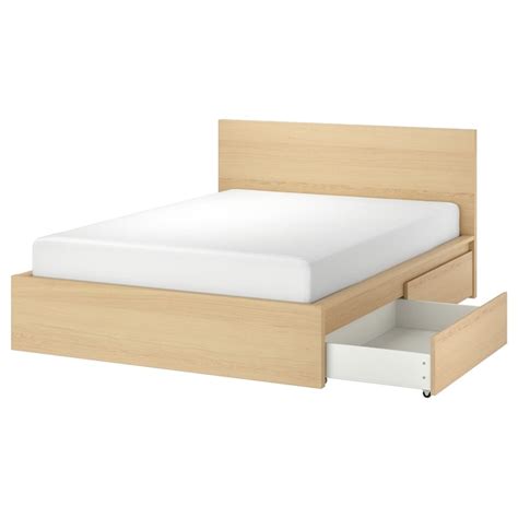 Malm Bed Frame High W 4 Storage Boxes White Stained Oak Veneerluröy