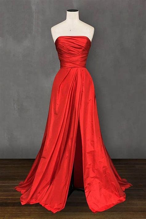 Red Satin Strapless Long Split A Line Customize Size Prom Dress Satin