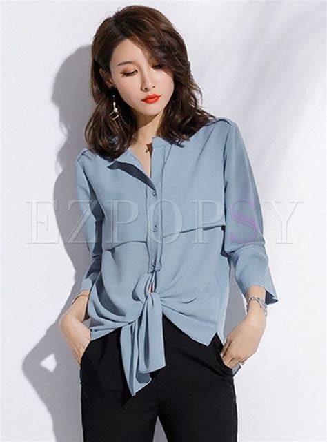 Solid Color Three Quarters Sleeve Tied Loose Chiffon Blouse Chiffon