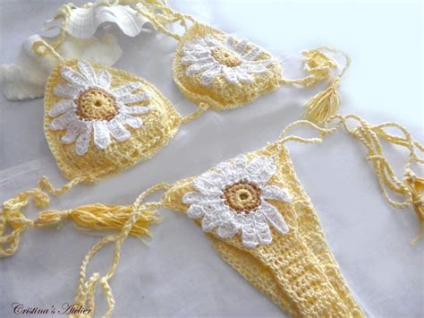 Daisy Crochet Bikini Floral Thong Set Yellow Swimsuit Etsy
