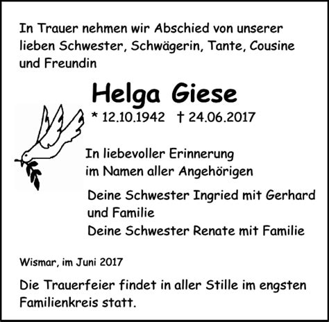 Traueranzeigen Von Helga Giese Trauer Anzeigende