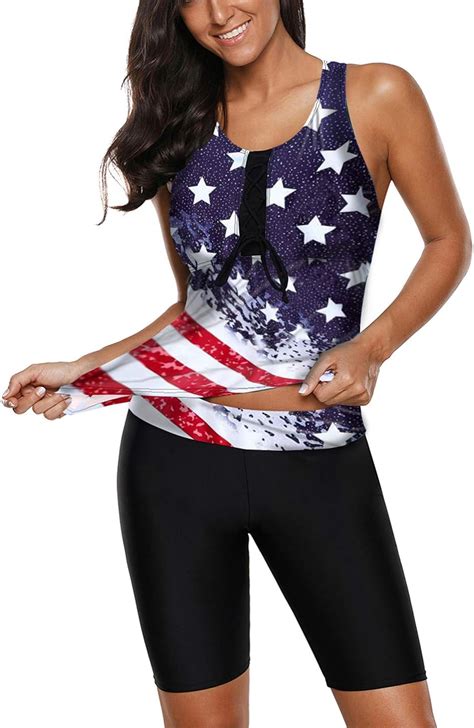Aleumdr Color Block Usa American Flag Tankini Swimsuits For Women Swimwear Plus Size