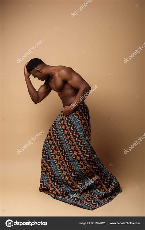 Sexy Naked Tribal Afro Man Covered Blanket Posing Beige Stock Photo By