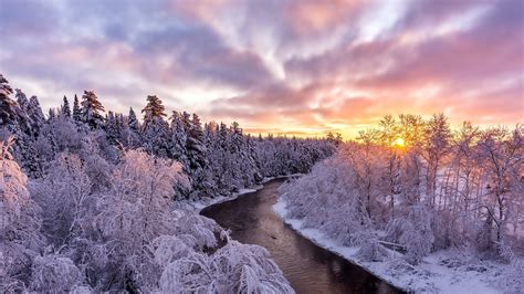 Sunset Over Winter River Hd Wallpaper Background Image 2048x1152