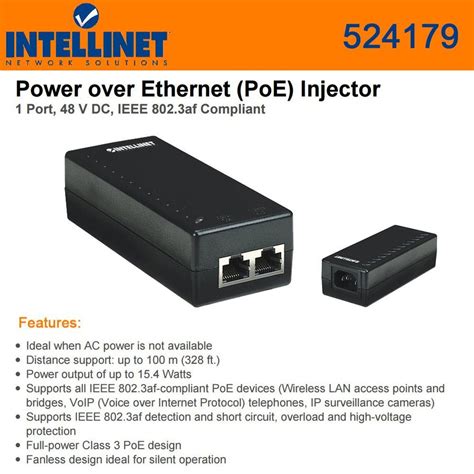 Intellinet Network 524179 Power Over Ethernet Poe Injector1 Port 48