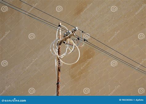 Tangled Wires On Power Pole Stock Photo Image Of Post Tangled 98238366