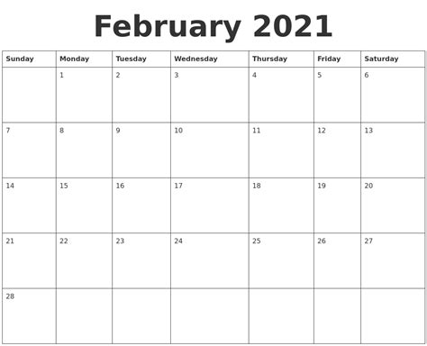 Printable Blank February 2021 Calendar Free Letter Templates Riset