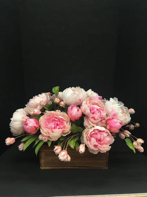 Pink Peonies Silk Flower Arrangement Wood Container Tabletop Sympathy
