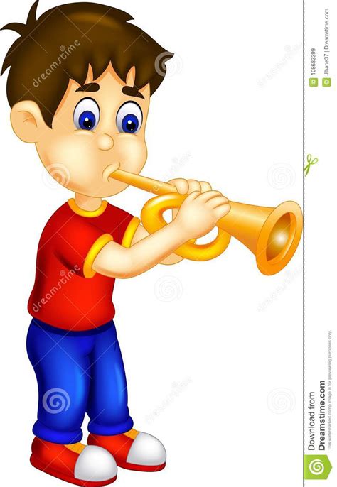 Funny Boy Cartoon Standing Playing Trumpet With Smile Stock