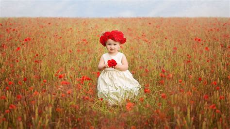Download Red Flower Cute Baby Girl Wallpaper