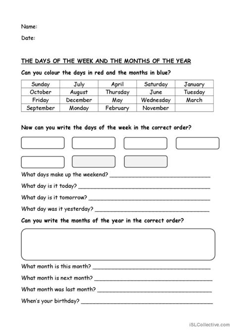 Days Of The Week And Months English Esl Worksheets Pdf And Doc