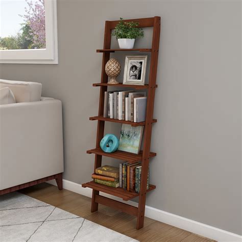 5 Tier Ladder Bookshelf Leaning Decorative Shelves For Display Walnut