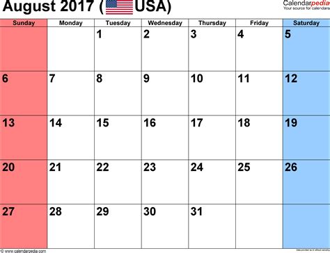 August 2017 Calendars for Word, Excel and PDF