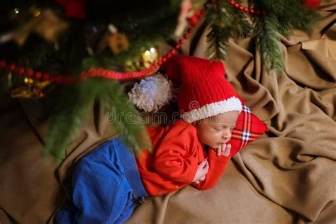 Cute Newborn Baby In Santa Hat Sleeping Baby Under The Fir Tree