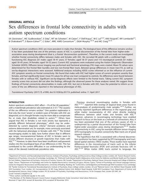 Pdf Sex Differences In Frontal Lobe Connectivity In Adults With Autism Spectrum Conditions