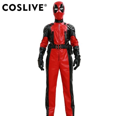 Coslive Deadpool Zentai X Men Deadpool Costume Pu Leather Jumpsuit Black And Red Adult Halloween