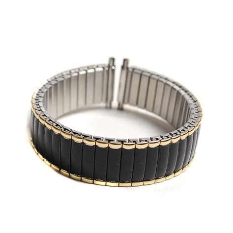 Black Metal Watch Band Expansion Style With Gold Tone Accent
