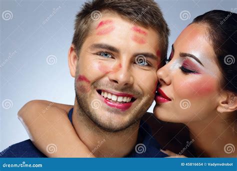 Beautiful Women Kissing Handsome Man Kissing Beautiful Woman Red Lips Elevator Royalty Free