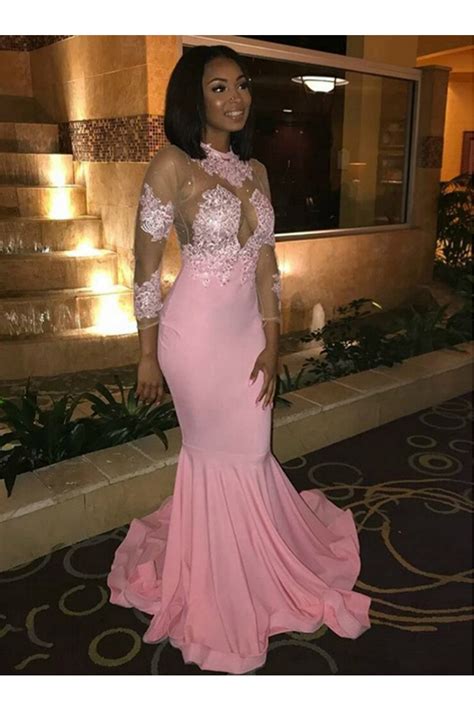 mermaid lace long sleeves pink prom dresses formal evening
