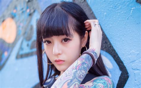 Girl Asian Tattoo Black Hair Brown Eyes Woman Wallpaper