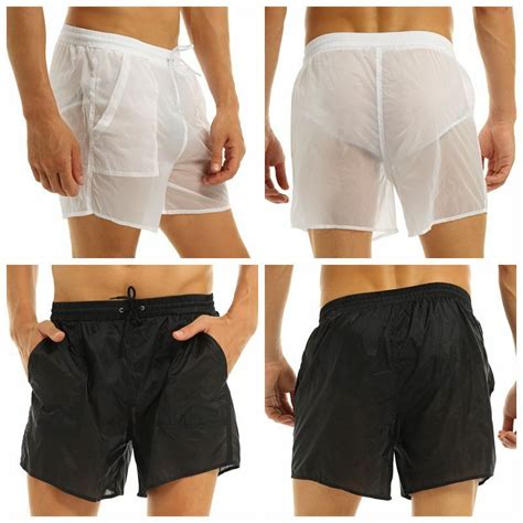 Men See Through Mesh Boxers Briefs Drawstring Shorts Swimwear Swimming