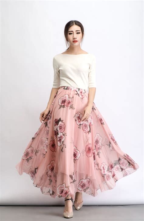 Chiffon Maxi Skirt Floral Skirt Womens Skirts Pink Print