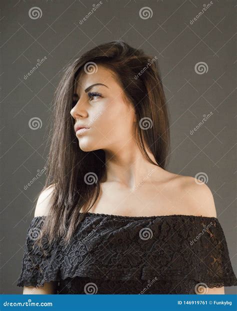 Sensual Attractive Caucasian Brunette Woman Posing Studio Stock Image