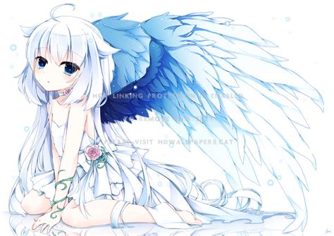 Blue Wings White Hair Angel Beauty Anime