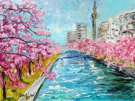 Japan Art Cherry Blossoms Print Tokyo River From Past Painting Image