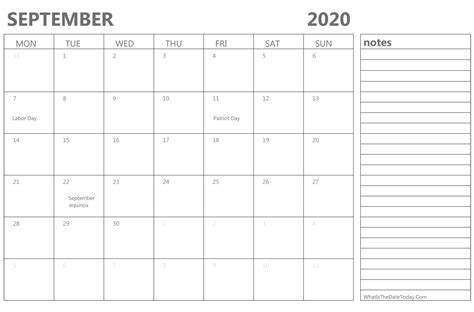 Editable September 2020 Calendar With Holidays And Notes