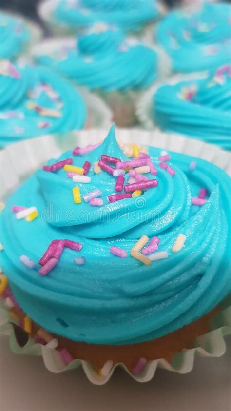 Blue Buttercream Frosting Cupcakes With Sprinkles Stock Image Image