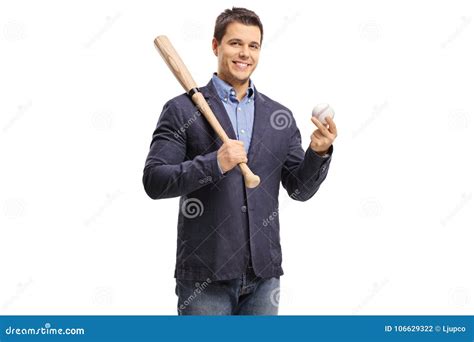 Elegant Guy Holding A Baseball Bat And A Ball Stock Photo Image Of