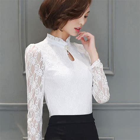 White Lace Tops Women Long Sleeve Blouses Female Ruffles Turtleneck Shirt New Spring Autumn