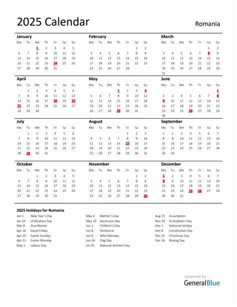 Standard Holiday Calendar For 2025 With Romania Holidays