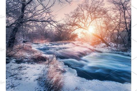 Winter Landscape With Snowy Trees Ice Beautiful Frozen River Featuring