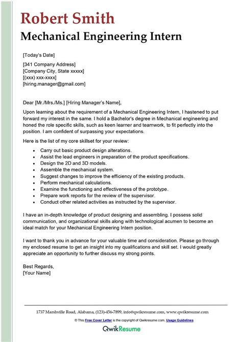 Civil Engineering Internship Cover Letter