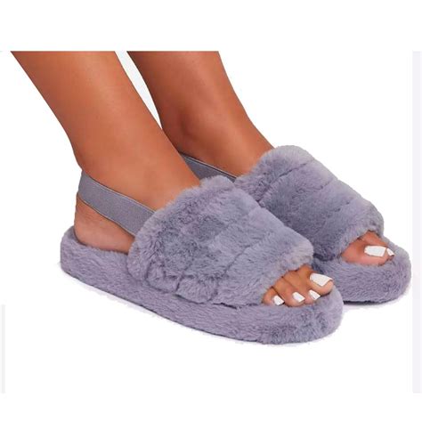 Flirty Wardrobe Sliders Fluffy Fur Slippers Slides Peep Toe Snug Warm