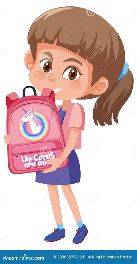Girl Holding Cute Backpack Cartoon Character Isolated On White Background Stock Vector