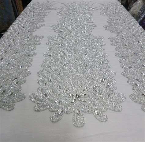 Silver Embroidered Beaded Lace Mesh Fabric With Crystal Beads Stretch