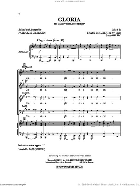 Franz Schubert Gloria Sheet Music For Choir Satb Soprano Alto