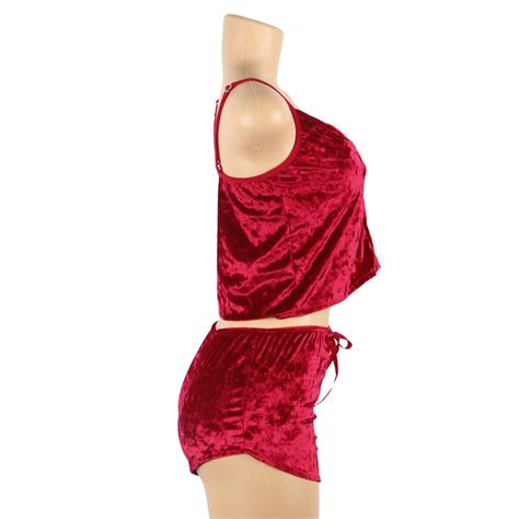 Red Ladies Sexy Velvet Pyjamas 2 Piece Set Open Back Sleeveless Top And Shorts Playhappy