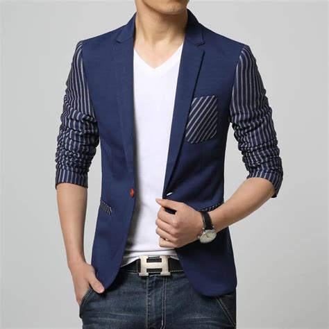 2017 Men Casual Slim Fit Stripe Brand Blazer Suit Jacket Blue Coat Male Clothing One Button
