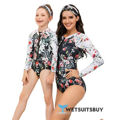 mother and daughter one piece beach wear full length sleeves springsuit floral printed front