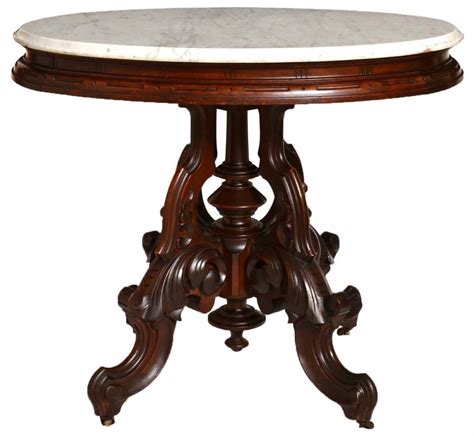 Oval Victorian Walnut Marble Top Table Attributed To Thomas Brooks