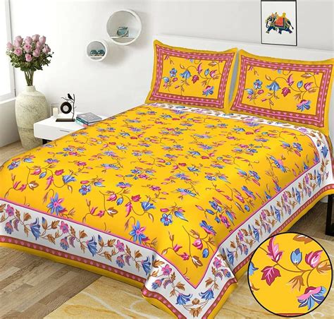 yellow cotton floral print double bedsheet with 2 pillow cover for home size 90 100 at rs 230