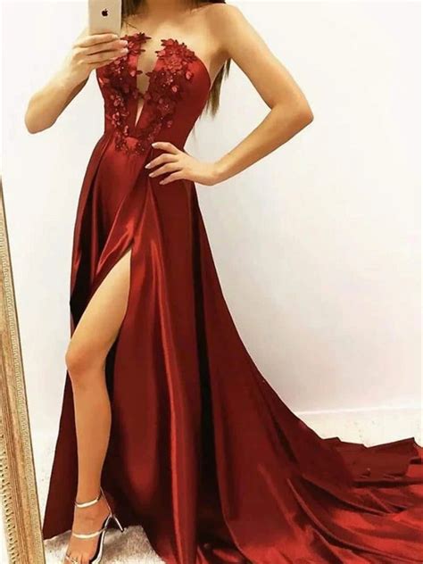 Strapless Appliques Burgundy Satin Prom Dress With High Slit Wine Red